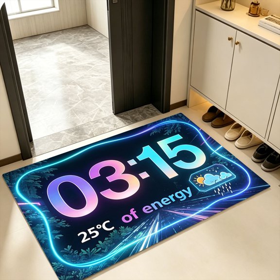Deep Jungle Cyan Neon Frame Digital Time Weather Doormat, Kitchen Backyard Entry Rug, Halloween Dark Forest Futuristic Cyber Sci-Fi Decor Gift