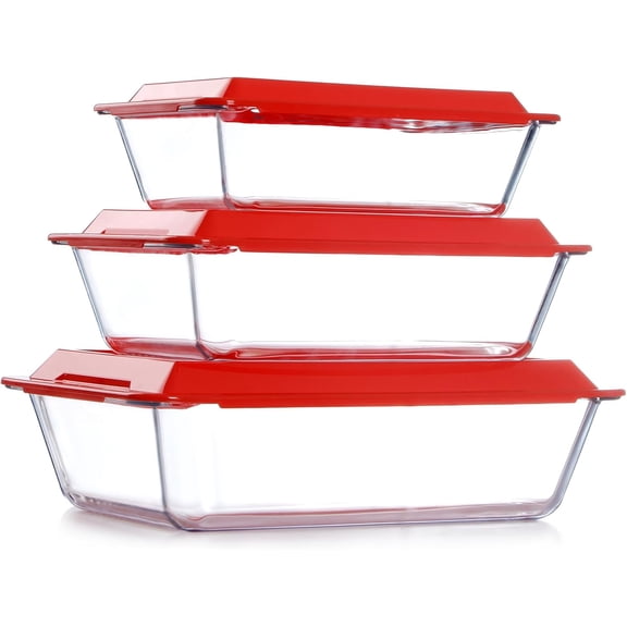 Deep & Large Glass Baking Dish, 6-Piece 2.4+3.7+5.7Qt 9x13x3.3in Baking Pans with Plastic Lids for Lasagna Leftovers, Rectangular Glass Bakeware for Oven