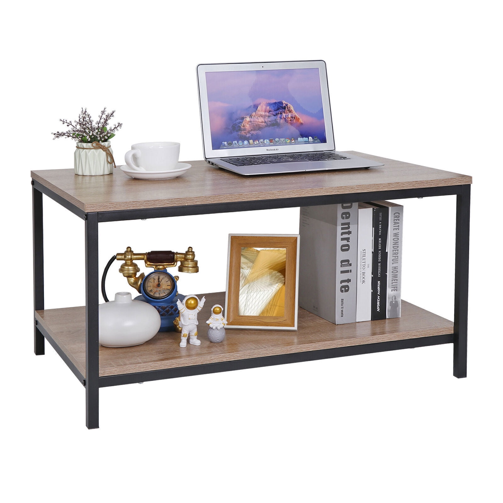 Deep/Light 2Tier Wood Coffee Table with Open Shelf and Metal Frame