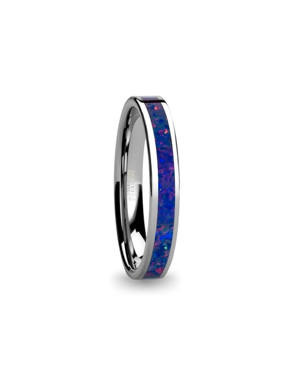 Deep Midnight Blue Opal Inlay Pink Flake Tungsten Wedding Ring, 4mm, Size 3.5