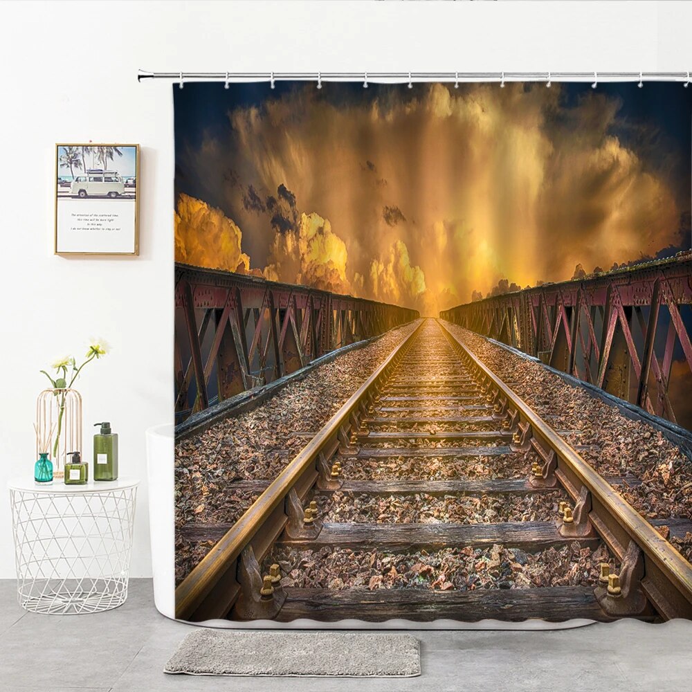 Deep Mountain Railway Shower Curtain 3D Railway Track Scenery Bathroom