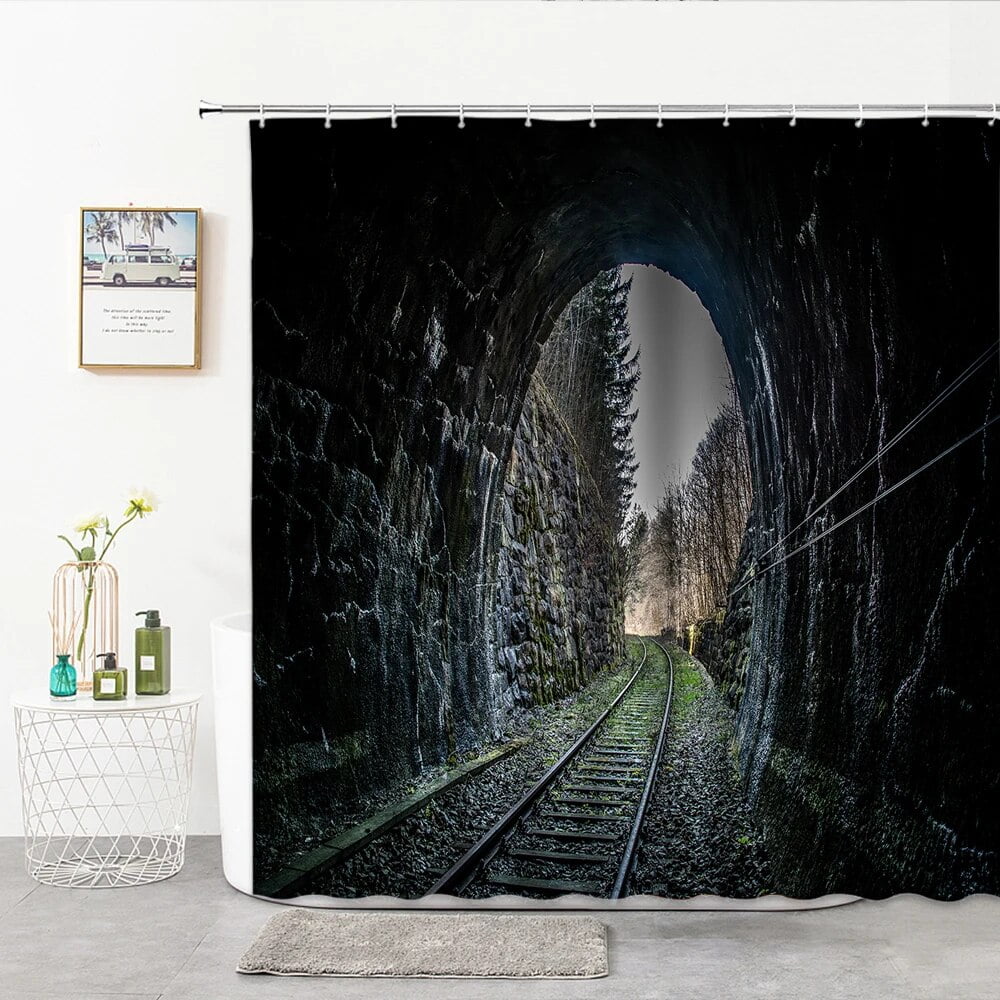 Deep Mountain Railway Shower Curtain 3D Railway Track Scenery Bathroom