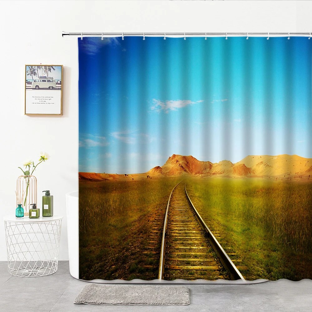 Deep Mountain Railway Shower Curtain 3D Railway Track Scenery Bathroom
