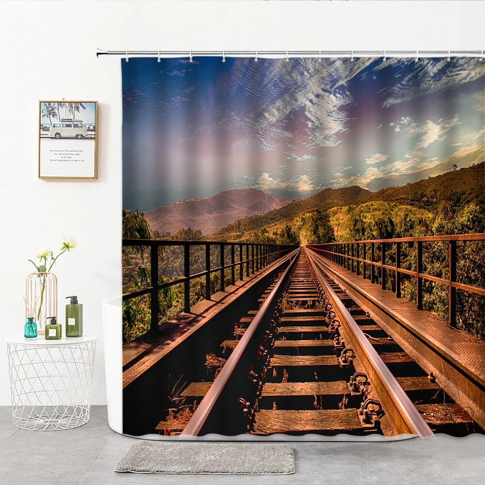 Deep Mountain Railway Shower Curtain 3D Railway Track Scenery Bathroom