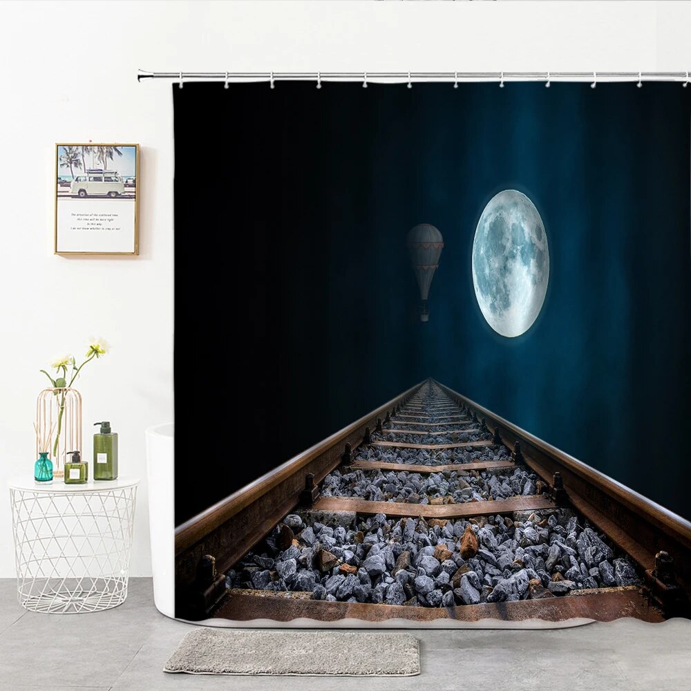 Deep Mountain Railway Shower Curtain 3D Railway Track Scenery Bathroom