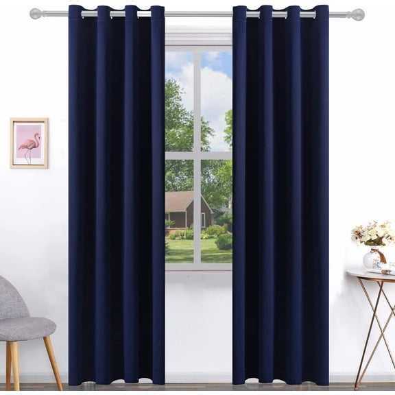 Deep Navy Blackout Curtains 96 Inch Length 2 Panel Set, Solid Grommet Drapes for Bedroom or Living Room, Light Blocking and Thermal Insulated, 52W x 96L