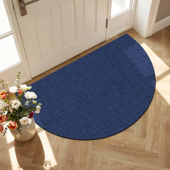 Deep Navy Blue Diatomaceous Earth Bath Mat, Rustic Minimalist Solid Color Linen Texture Half Round Non-Slip Quick Dry Door Mat Super Absorbent Bath Rug for Bathroom Kitchen Laundry 16x24in