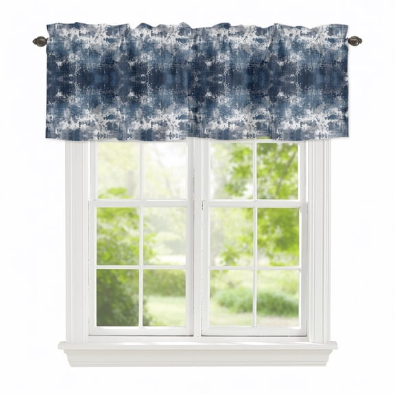 Deep Navy Blue Window Valance Curtain Retro Distressed Washed Tie-dye Texture Rod Pocket Valance for Windows Short Curtain for Living Room, Bedroom & Kitchen Window Decor 42x12in