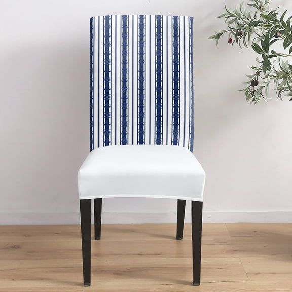 Deep Navy Stripes Dining Chair Covers Set of 1, Minimalist Nacy Blue Bold Vertical Bands Chair Covers for Dining Room Removable Seat Protectors Slipcovers for Home Party Wedding Banquet