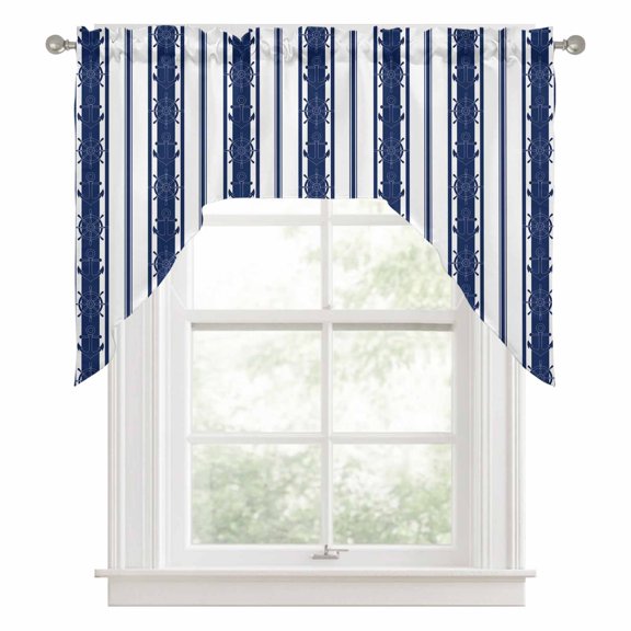 Deep Navy Stripes Swag Valances for Windows 56 x 36 Inch, Minimalist Nacy Blue Bold Vertical Bands Rod Pocket Light Filtering Window Topper for Kitchen Bathroom Bedroom Living Room