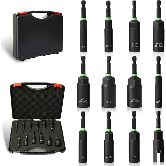 Deep Nut Driver Set for  Drill w/Wing Nut Driver Bit, Sae/Metric 80MM Deep Nut Driver Bits, 1/4" Quick Change, 8mm 10mm 13mm 9/16"(14mm) 5/8"(16mm) 17mm 3/4"(19mm) 5/16" 3/8" 7/16" 1/2"