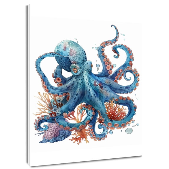 Deep Ocean Sea Canvas Print Wall Art Octopus Under The Sea Amphibians Beach Illstrations Modern Wall Art Nautical Seaweed on White Wall Art for Living Room Bedroom Ready to Hang,16 X 24 inches