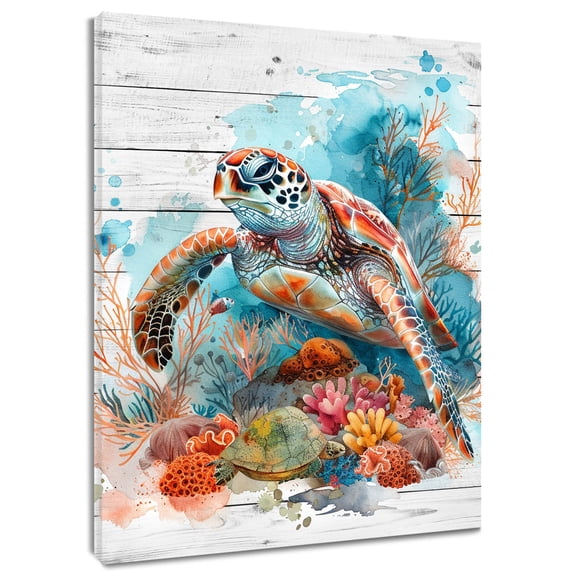 Deep Ocean Sea Canvas Wall Art Sea Turtle Amphibians Illstrations on Rustic Wood Board Wall Art Decor Nautical Colorful Pink Seaweed Wall Art for Living Room Bedroom Ready to Hang,12 X 16 inches