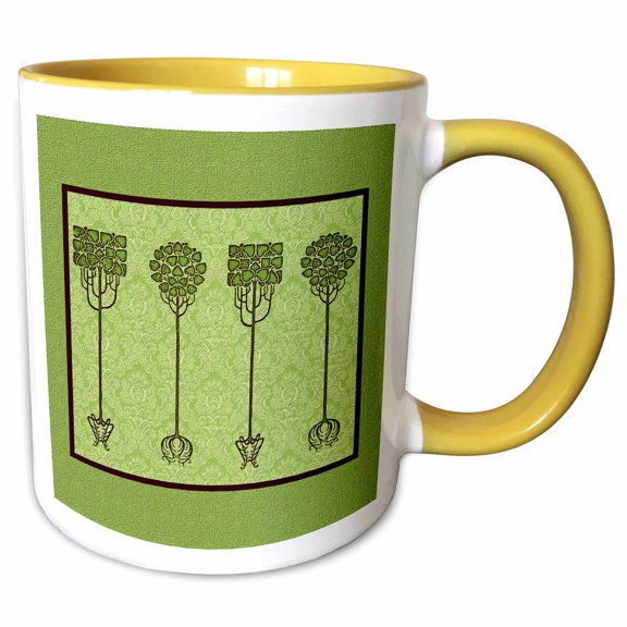 3drose, Deep Olive Green Trees on Muted Lime Damask Background, 11oz Two-tone Yellow Mug