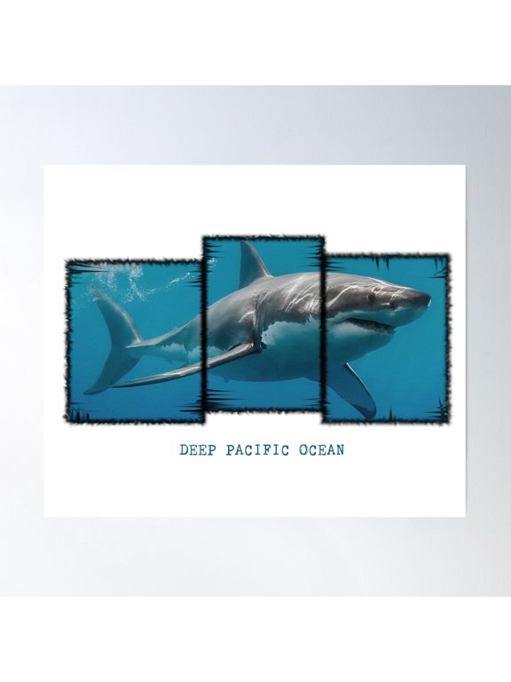 Deep Pacific Ocean Shark Graphic T-Shirt Poster Wall Art, Modern Wall Decor For Living Room Bedroom, 8x12 UNFRAMED
