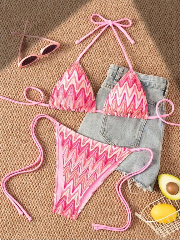 Deep Pink Wave Pattern Triangle Bikini Set With Tie Straps For Women