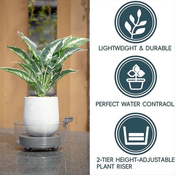 Deep Plant Saucer, Bottom Watering Tray with Height-Adjustable Planter Riser for Indoor Plants, Plant Water Catcher Tray