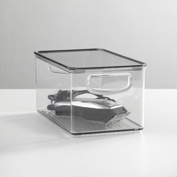 Deep Plastic Bathroom Storage Bin Box, Lid/Built-in Handles, Organization for Makeup, Hair Styling Tools, Toiletry Accessories in Cabinet, Shelves, Ligne Collection, 4 Pack, Clear/Smoke Gray