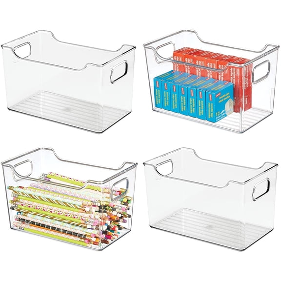 Deep Plastic Office Storage Bins with Handles for Organization in Filing Cabinet, Closet, or Desk Drawers, Organizer for Notes, Pens, Pencils, and Staples - Clear - 4 Pack