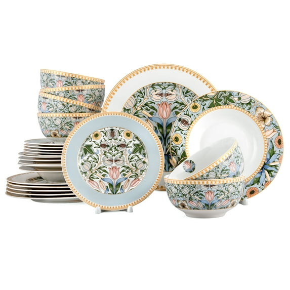 STP GOODS Morris Garden Bone China Dinnerware Set of 24 Service for 6 in Gift Box 24-Piece Dish Set of Plates and Bowls, Blue Gold White