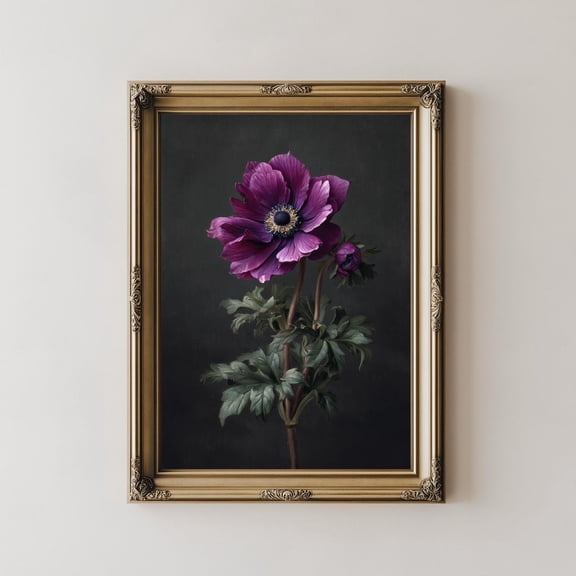 Deep Plum Anemone Print, Edwardian Dark Floral Wall Art, Unframed Paper Poster 11x14in