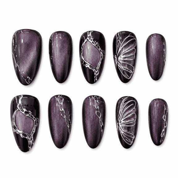 Deep Plum Butterfly Press on Nails, Medium Almond Glossy Cat Eye False Nails, 30 Count