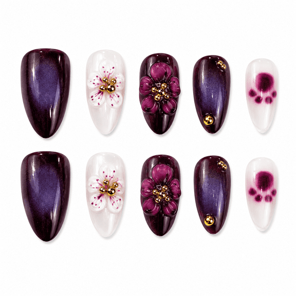Deep Plum Floral Press on Nails, Medium Almond Glossy Fake Nails with Raised Detail, 30 Count