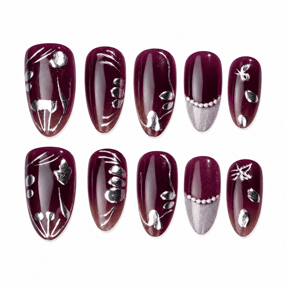 Deep Plum Floral Press on Nails, Short Almond Glossy False Nails with Silver Accent, 30 Count