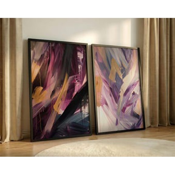 Deep Plum Gold Abstract Art Prints, Dynamic Sweeping Brushstroke Diptych, Vibrant Glam Wall Decor, Energetic Duo, Set 2, Poster Only