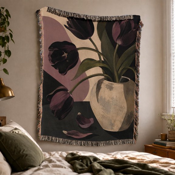 Deep Plum Tulips in Beige Vase, Black and Olive Woven Blanket, 100% Cotton, Botanical Style for Living Room