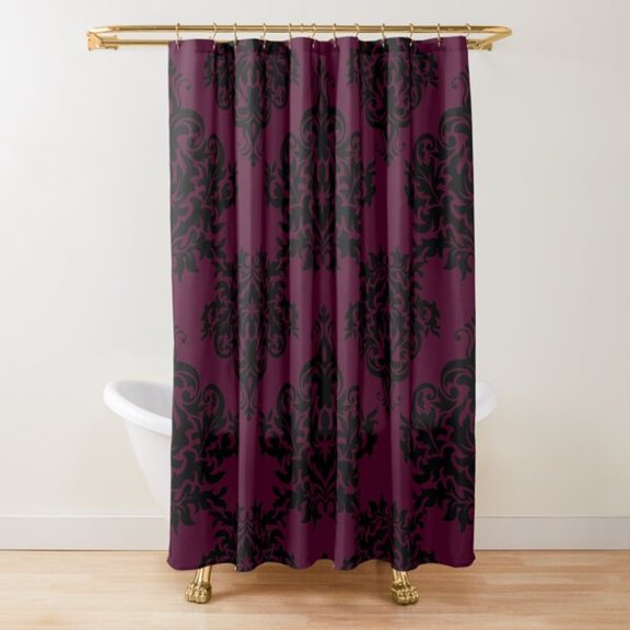 Deep Plum and Black Ornate Damask Shower Curtain, 100% Polyester, Gothic-Inspired Bathroom Decor