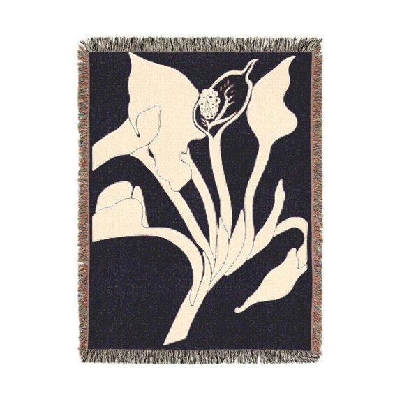 Deep Plum and Cream Stylized Poppy Floral Woven Blanket, 100% Cotton Botanical Accent for Sofa or Bed