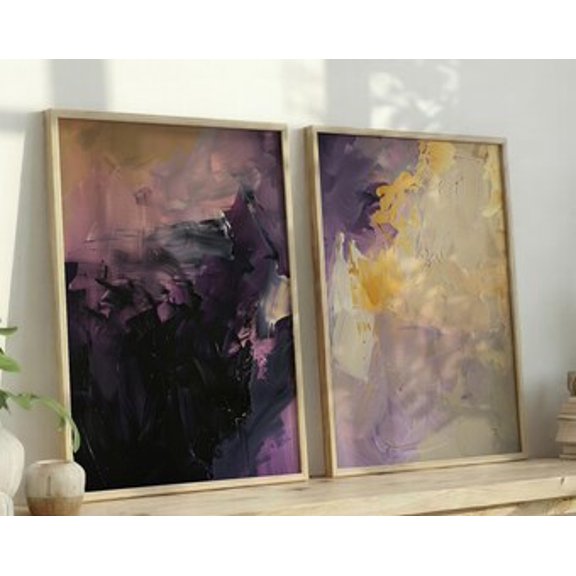Deep Plum and Gold Abstract Art Prints | Moody Violet Wall Decor | Glam Poster | Romantic Bedroom Art | Physical Prints, Set 2, Poster Only