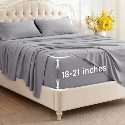 Deep Pocket California King Sheet Sets - Fits Mattresses Up to 21 Inches Thick - 4 Piece Bed Sheets, Moisture Wicking, Soft & Cooling Bedsheet & Pillowcases, Easy & Secure Fit, Light Grey