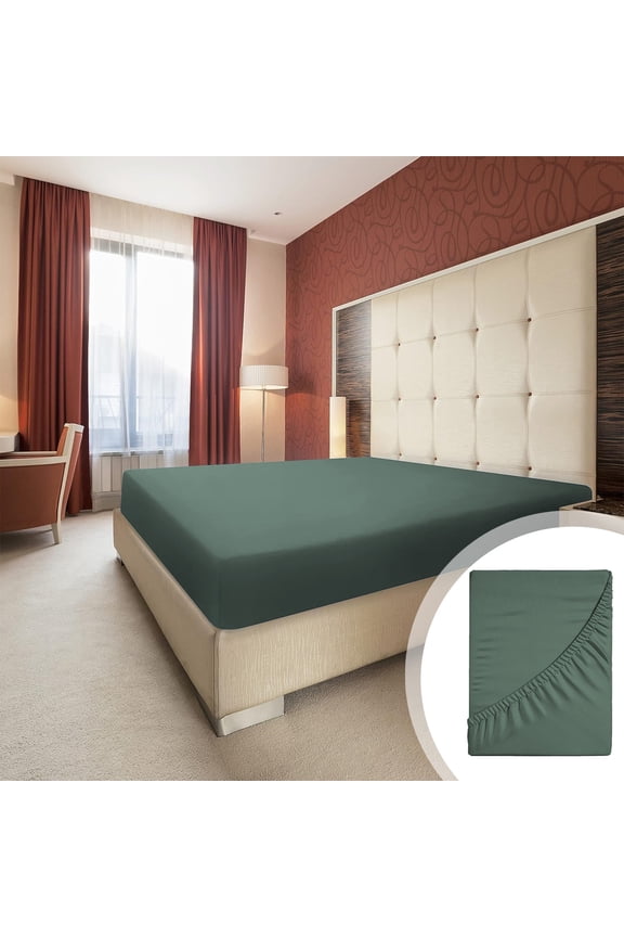 Deep Pocket Fitted Sheet with 4-Way Stretch - Hypoallergenic Cooling Polyester Double Bed Sheet Non-Slip & Machine Washable (Green)