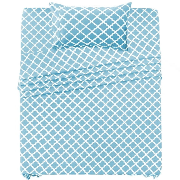 Lux Decor Twin Bed Sheet Set 3 Piece, Soft Microfiber, Deep Pockets - Quatrefoil Pattern, 1 Fitted & 1 Flat Sheet, 1 Pillowcase, Blue