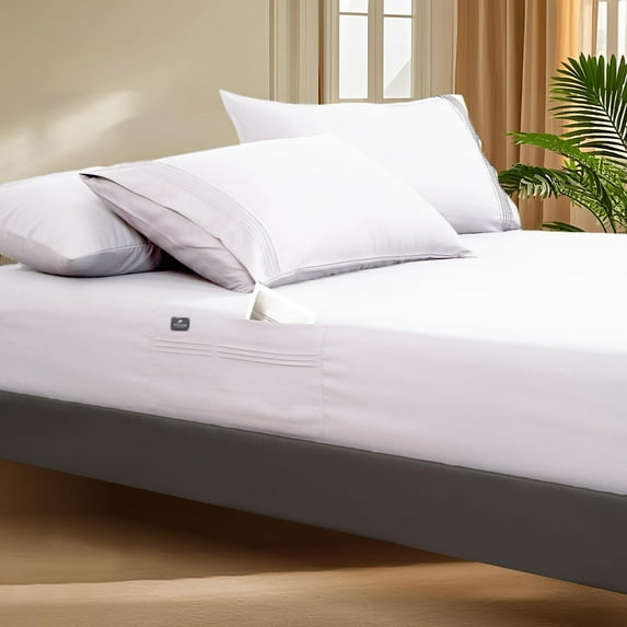 Deep Pocket Queen Fitted Sheet with Straps - Fits Mattresses Up to 21" Thick - 3 PCS Bed Sheets - Moisture Wicking, Cooling & Soft Fitted Sheet & Pillow Cases (White)
