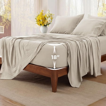 Deep Pocket Queen Sheet Set 6 Piece Prewashed Ultra Soft Breathable Fits Mattresses Up to 18 Inches Thick Linen