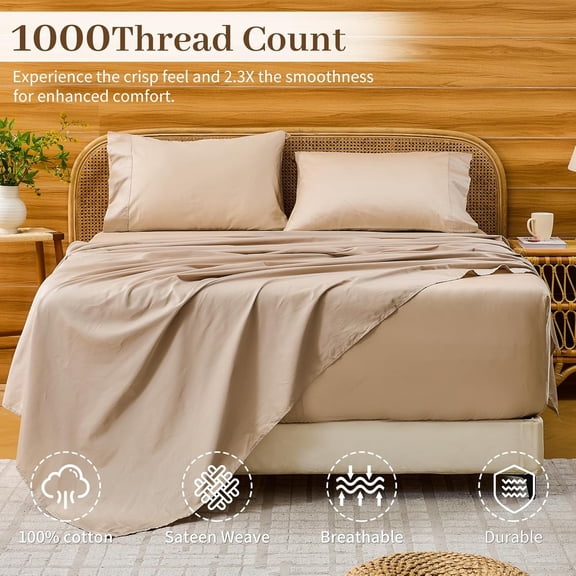 Deep Pocket Sheets 18-24 Inch, Queen Size Egyptian Cotton 1000 Thread Count, 4-Piece - Fits Extra Thick Mattresses, Cooling & Breathable (Linen)
