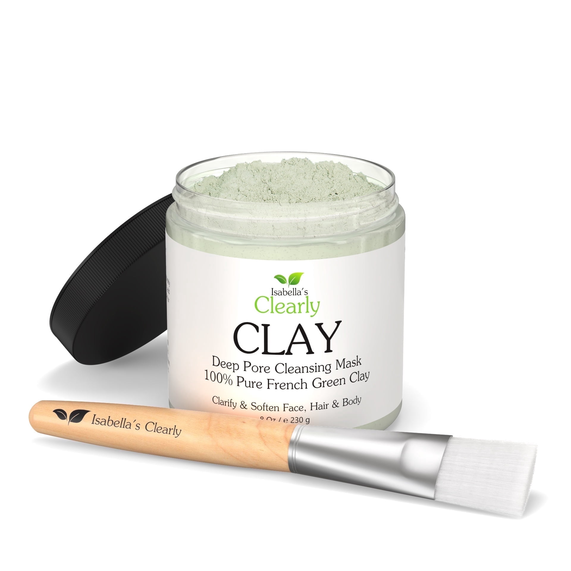 Deep Pore Cleansing French Green CLAY for Face, Body, Skincare | Natural Hydrating Facial Mask for Blackheads and Pores + Body Mask + Clarifying Hair Mask - Mask Applicator Brush Included (8 Oz)