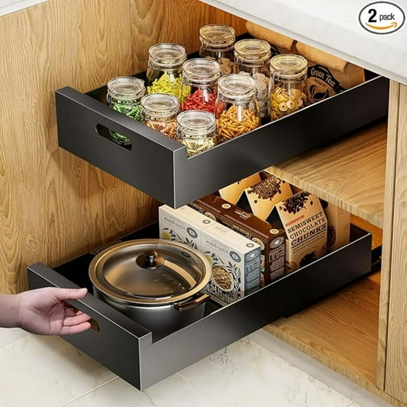 Deep Pull Out Cabinet Organizer Adhesive, 10-Inch Wide Carbon Steel Roll-Out Drawers for Face Frame or Frameless Cabinets, Slide-Out Shelves for Pantry.