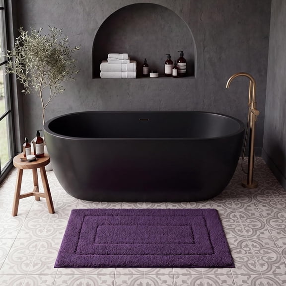 Deep Purple Bathroom Rug 20 x 32 Inch, High Pile Microfiber Bath Mat with Raised Concentric Border Design, TPR Backing, Machine Washable Floor Mat for Tub, Shower and Vanity, 1 Piece