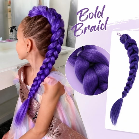 Deep Purple Braided Ponytail Extension Pre-Braided Synthetic Hair Piece 25.6in Heat Resistant Fiber with Elastic Band Easy Wear Kids Cosplay Wig for Halloween Party Anime Costume Girls