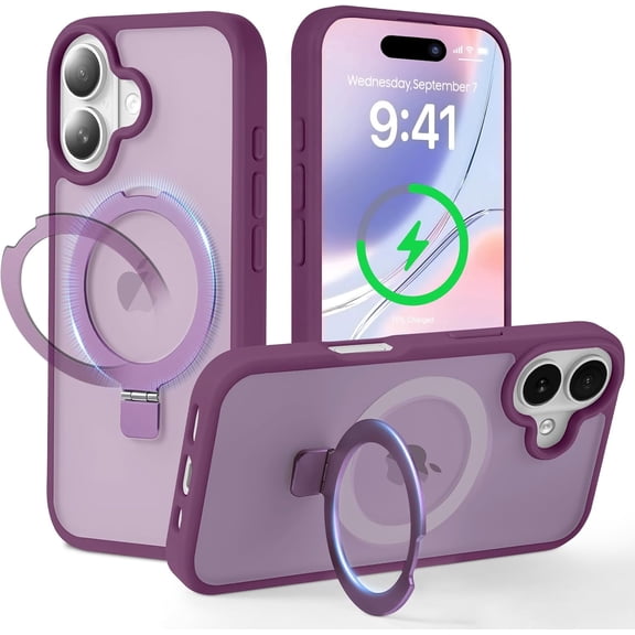 Deep Purple Case for iPhone 16, Magnetic & Invisible O-Ring Holder, Compatible with MagSafe, Military Grade Frosted Semi Transparent Phone Case, Anti Drop Shock Protection, Excellent Grip