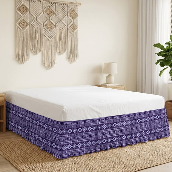 Deep Purple Lozenge Bed Skirt Bed Skirts Queen Size 16 Inch Drop, Coastal Geometric Striped Folk Farm Plum Wrap Around Dust Ruffle Bedskirt with Adjustable Elastic Belt for Queen Size Beds