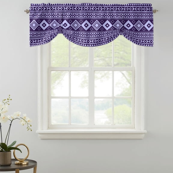 Deep Purple Lozenge Tie Up Valances Curtain, Coastal Geometric Striped Folk Farm Plum Kitchen Valances for Windows Decor, Rod Pocket Short Curtains Set for Bedroom/Bathroom, 54"x18"