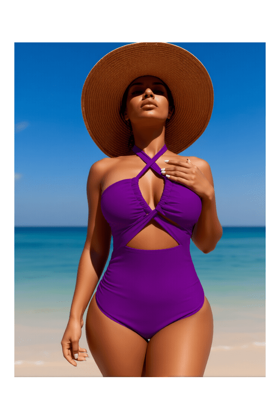 Deep Purple One Piece Swimsuit for Women Halter Cross Front Cutout Bathing Suit Ruched Tummy Control Swimwear Sexy Back Monokini