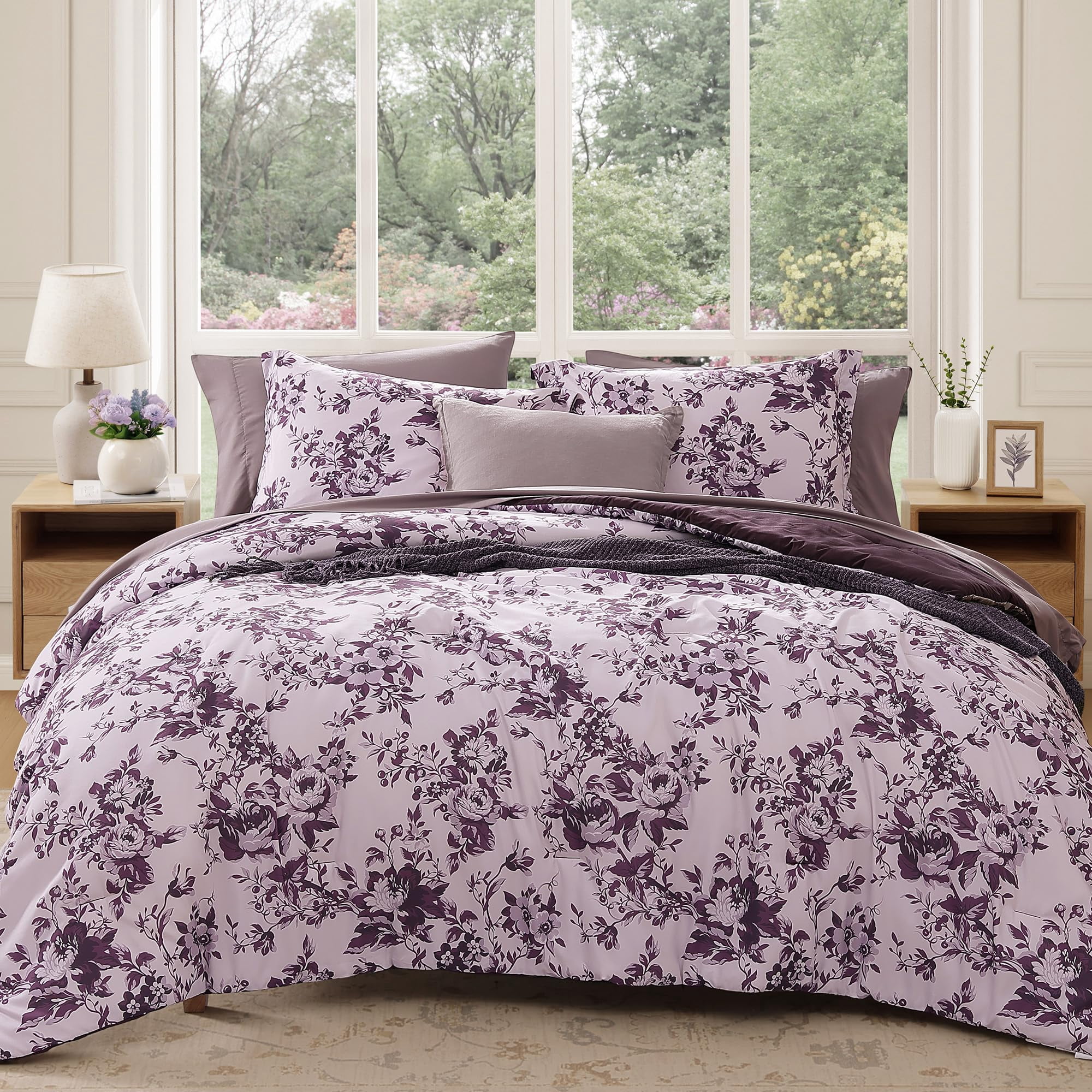 Deep Purple Queen 7-Piece Floral Bed-in-a-Bag Comforter Set for All ...