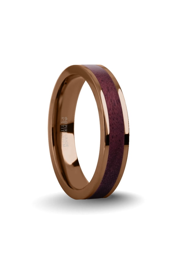 Deep Purpleheart Wood Inlay Brown Titanium Wedding Ring, 4mm, Size 8