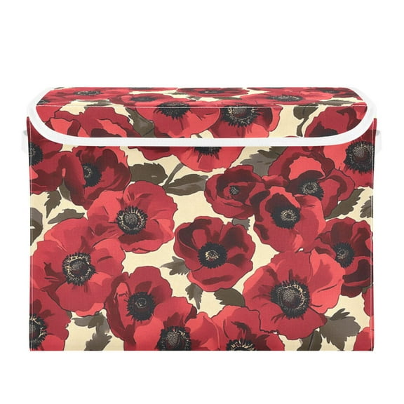 Deep Red Beauty Flowers Large Storage Bins with Linen Collapsible Lid Storage Box 16.7 x 12.6 x 11.8in